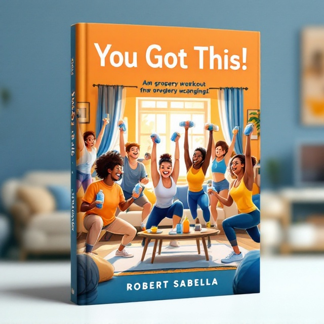 A vibrant and engaging illustration of a cozy living room scene. The room features a warm orange wall with blue accents such as throw pillows and curtains. A cheerful group of people of diverse backgrounds and body types is working out, lifting water bottles and grocery bags as improvised weights. Some are doing lunges, others are doing curls, all with big smiles and laughter on their faces. Sunlight streams through a window, adding a hopeful and inviting atmosphere. A soft rug lies on the floor under a coffee table, with a couch and TV visible in the background.