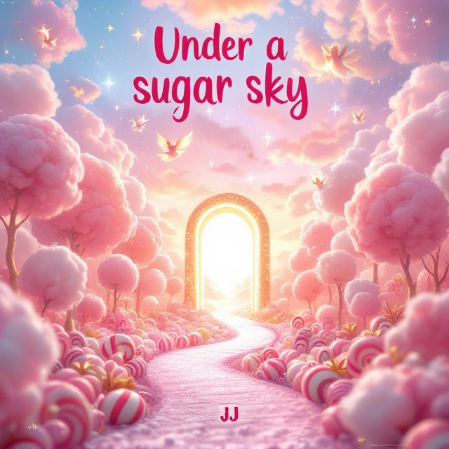 A vibrant pastel-colored landscape of a whimsical Candyland, with peppermint swirls, lollipop trees, and fluffy, cotton-candy-like clouds. The sky transitions into a golden, heavenly glow towards the top of the cover, with faint angelic figures and sparkling stars blending seamlessly into the landscape. A winding candy cane path leads towards a glowing, ethereal gateway in the distance, surrounded by a soft heavenly aura.