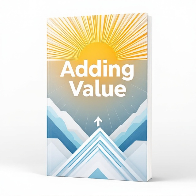 A radiant rising sun in the top-center emits warm, golden rays that stretch across the cover, symbolizing growth and progress. The bottom half features a clean, abstract geometric background in shades of blue and white, invoking clarity and purpose. A subtle upward arrow motif is integrated within the design, hinting at value addition and growth.