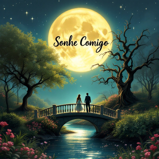 The park is vividly divided by a shimmering river, with the left side showing lush green grass, vibrant blooming flowers, and flourishing live trees under a soft moonlit glow. The right side features twisted dead trees, overgrown dark weeds, and a slightly murky, shadowy environment. A gracefully arched stone bridge connects the two sides, glowing faintly in the moonlight. At the center of the bridge, a woman wearing a light, flowing dress steps forward from the beautiful side, while a man in darker, rugged attire emerges from the desolate side. The glowing yellowish moon is positioned as a backdrop, adding a melancholic, dreamlike quality. Sparkling stars are gently scattered across the dark blue sky.