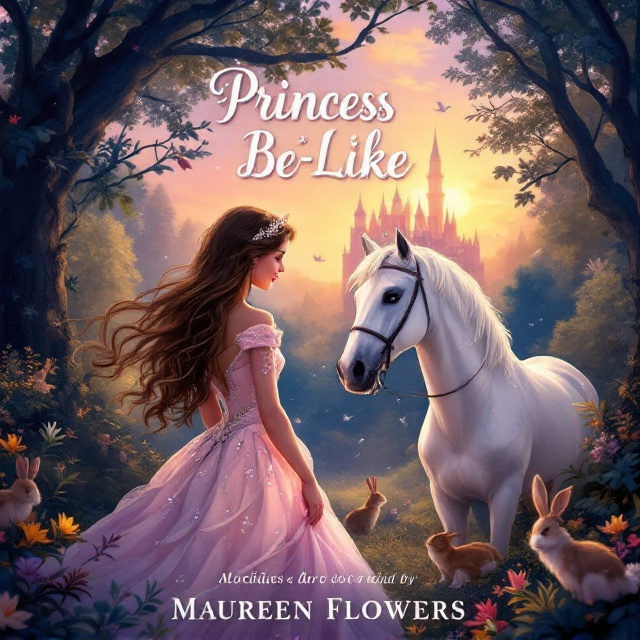 The cover features an enchanting forest scene near dusk. The teenage princess with flowing brown hair is dressed in an elegant, pastel-colored gown with subtle sparkles. She is shown talking gently to her white horse, which stands beside her surrounded by vividly illustrated forest animals such as rabbits, deer, and birds resting nearby. The castle is portrayed in the far background, partially veiled in dreamy mist, with a twilight sky painted in soft hues of purple, pink, and gold surrounding it. The entire composition radiates a magical and fairytale-like atmosphere.