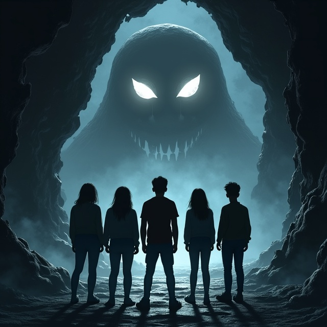 The cover shows the shadowy backs of one girl and four boys standing in a staggered alignment in the center of a dimly-lit, oppressive cave. The cave's interior walls twist in jagged, unnatural shapes that mimic a screaming mouth, enhancing the unsettling atmosphere. In the deep background, the faintly visible outline of a menacing creature looms with glowing, piercing eyes and a wide, grotesque open mouth. Subtle tendrils of mist swirl around the characters’ feet, blending into the pitch-black texture of the floor and background. The creature’s glowing eyes serve as the focal point, drawing the viewer into the darkness. The primary palette consists of inky black, faint grays, and sharp, eerie glows in white and red.