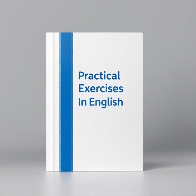 A clean and sleek cover with a solid-white background. A bold, minimalist blue stripe runs vertically down the left side of the cover, creating a modern and structured aesthetic. The title, "Practical Exercises In English," is centered horizontally in bold blue sans-serif font, with small subtle accents like a thin underline for emphasis. The author’s name, "Lachlan Hartley," appears at the bottom in a smaller, lighter blue font.