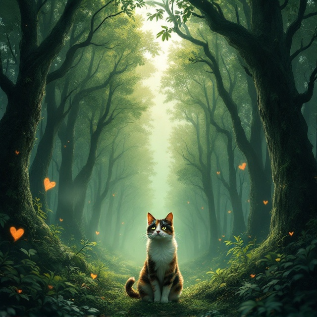 A dense forest filled with towering trees dominating the background, painted in hues of green mixed with soft sunlight filtering through the leaves. At the bottom center, a calico she-cat is depicted in a poised, majestic stance, her gaze filled with both fear and determination. The trees bend slightly, as if swaying with an unseen breeze, adding an emotional, almost ethereal layer to the scene. Faint heart shapes blend naturally into the tree textures, suggesting hidden romance, and faint mist at the edges of the forest conveys mystery and fear.