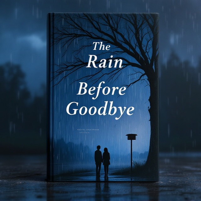 A dark and moody blue-purple gradient dominates the entire cover, evoking the melancholic and rainy atmosphere. Silhouettes of a teenage boy and girl are positioned under the canopy of a bare, windswept tree toward the right side of the cover, facing slightly apart from each other to reflect emotional tension. Rain trails are visible across the entire background, seamlessly integrated with delicate texture overlays for a realistic rainy-day effect. A rustic, weathered bus stop sign stands near the left corner with faint puddles forming below it. A hazy, distant line of trees fades into the background to amplify the depth and gloom.