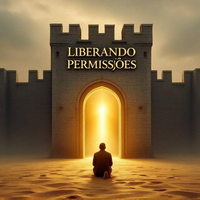 A medieval castle-like wall rises prominently in the background. At the base of the wall is a grand arched portal, slightly ajar, with a radiant golden light streaming outward. In the foreground, a lone man kneels in prayer on a sandy-textured ground, his silhouette glowing faintly from the divine light. The environment around the man transitions seamlessly into a muted, overcast sky, creating an aura of awe and surrender. Shadows and gradients deepen around the edges for an emotional, immersive effect.