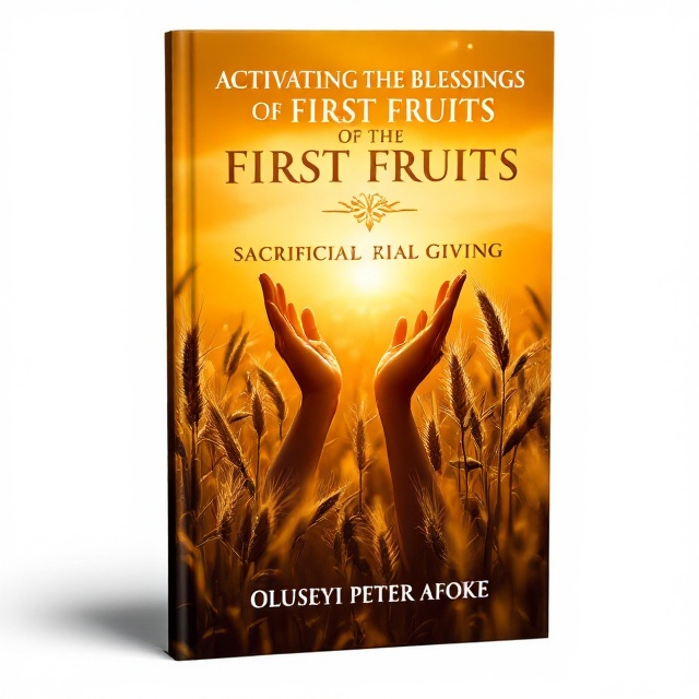 A rich golden wheat field at sunrise, symbolizing the "first fruits" theme, stretches across the majority of the cover. Over the field is a faint, glowing light, suggesting divine blessings descending. The imagery is plain yet deeply evocative, conveying abundance and spirituality. In the foreground, there are subtle, transparent silhouettes of outstretched hands lifting offerings toward the light.