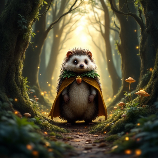 A noble hedgehog hero with an upright posture, standing resolutely at the center of the cover, adorned with a small leaf-shaped cloak fastened with an acorn brooch. Surrounding the hedgehog is an enchanting woodland environment, with tall, moss-covered trees framing the sides and a golden, mystical light filtering softly through the canopy above. The forest floor below is intricately detailed with magical elements like glowing mushrooms, floating particles of light, and a winding path leading into the mystical woods. The color palette emphasizes rich greens, earthy browns, and dappled golden highlights, creating a sense of magic, wonder, and quiet heroism.