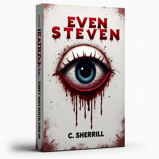 A white background features a sinister carved eyeball symbol in the center, jaggedly carved with knife-like precision. Blood drips down from the edges of the symbol. The title "EVEN" appears in bold, menacing red ITC Grouch font at the top, while "STEVEN" is placed at the bottom in the same bold red font. The author name, "C. Sherrill," is subtly placed in black, smaller size, right below "STEVEN." The overall style creates an eerie and terrifying allure.