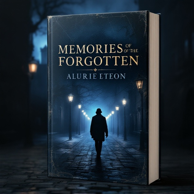 A shadowy silhouette of a man or woman walking away through a foggy cobblestone street, surrounded by illuminated gas lanterns. In the background, a crumbling, historic building appears faintly. The edges of the cover fade into darkness, creating an all-encompassing sense of mystery. A subtle overlay of vintage texture covers the entire design, giving a worn and nostalgic feel. The horizon behind the figure emits a faint dark blue glow that balances the dark tones, symbolizing lingering hope amidst despair.