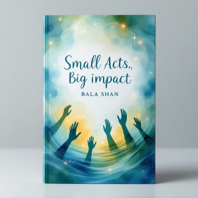 A delicate watercolor design with soft, swirling ripples of blues, greens, and warm ochres spreading from the bottom center of the cover. Amidst these ripples, faint silhouettes of hands reaching out, subtly blending into the background, symbolize acts of kindness. Tiny glowing dots scattered throughout depict the ripple effect and spreading light of altruism. The title is placed prominently in the upper-middle section, with an elegant white overlay, while the author's name, "Bala Shan," is positioned smoothly toward the bottom.