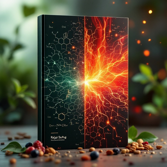 A divided background where the left half transitions into a subtle gradient of soft organic tones (earthy greens and browns), suggesting slowness and natural oxidation, while the right half has a striking fiery gradient of reds and oranges, evoking the lightening speed of a reaction. Thin, elegant molecular chains and chemical structures of antioxidants overlay both halves, blending smoothly into the background. Dynamic arrows and formula schemes are incorporated to enhance the ideas of kinetics and chemical processes. A few lifelike food items such as berries, nuts, and tea leaves are scattered organically at the bottom of the cover.