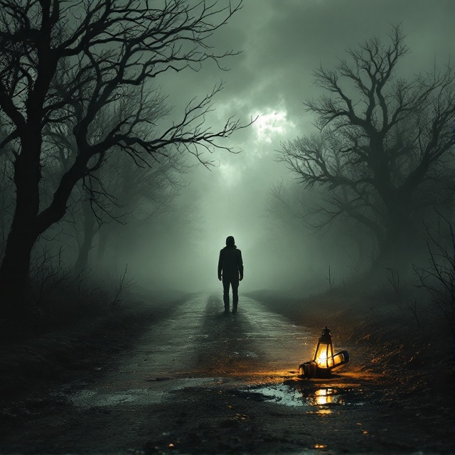 A desolate dirt road stretches into the distance, shrouded in dense, creeping fog. On one side of the road, leafless, gnarled trees loom menacingly, their branches tangled against an unnaturally dark sky. A faint silhouette of a solitary figure stands still near the horizon, blending hauntingly into the mist. The dim glow of a single lantern lies tipped over on the road, spilling light into an ominous puddle. Shadows play tricks on the eyes, suggesting movement in the corners.