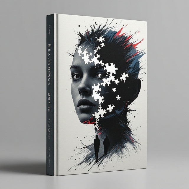 A fragmented silhouette of a human face, cracked and peeling like dry paint, dominates the cover. One side of the face dissolves into a swirling, abstract pattern of mismatched puzzle pieces, suggesting the disconnection of "self." The background fades from deep charcoal at the edges into a stark, pale gray in the center, creating a void-like ambience. Overlapping shadows of another figure stand slightly in the background, blurry and indistinct, symbolizing the "other." Splashes of muted red and dark blue streak diagonally through the design, adding rawness and emotional tension.