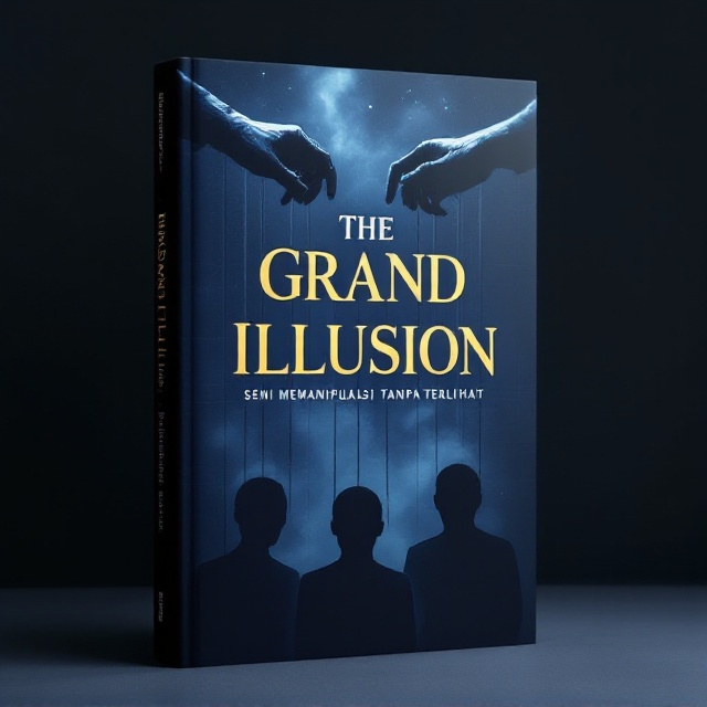 Shadowy hands are manipulating strings connected to faceless silhouettes, mimicking puppets on a deep navy blue background. A subtle fog overlays the scene, suggesting mystery and enigma. Behind the hands, faint gridlines suggest control and structure, blending into almost invisible signals resembling brainwaves. The design evokes an air of intrigue as well as psychological depth.