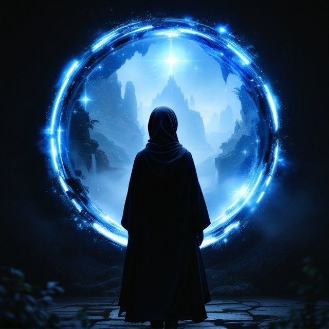 A young Jewish Orthodox woman, dressed traditionally in a modest outfit with a headscarf, stands at the edge of an illuminated oval portal. The portal is glowing with a mix of shimmering blues and silvers, framed by wisps of magical energy. On the other side of the portal, the faint outline of another fantastical world is visible—floating islands, cascading waterfalls, and ethereal light. The foreground is dark, with subtle silhouettes of creeping mist, while the woman’s expression is one of awe and curiosity, emphasizing the surprise and mystery tones.