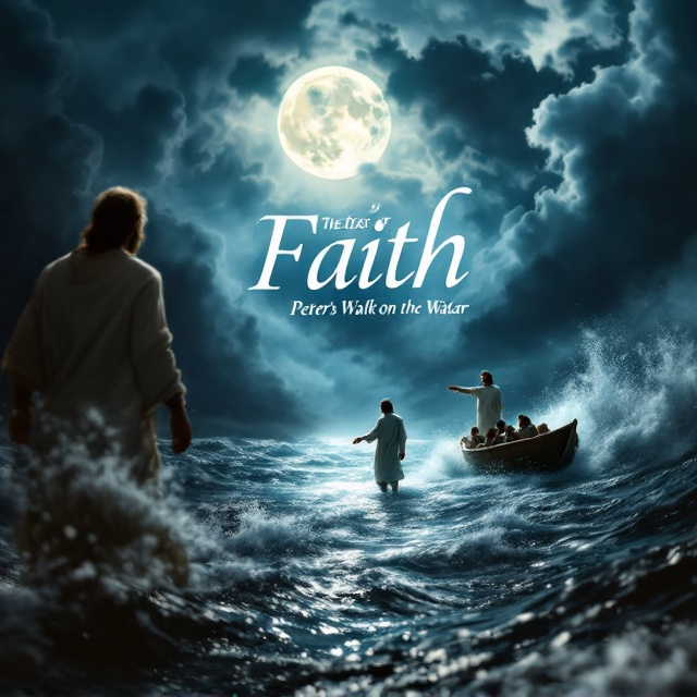 A dramatic scene with stormy, dark clouds in the sky, illuminated by a soft beam of moonlight breaking through. This light highlights Peter standing on unstable waves, his hand slightly extended as though hesitant, walking away from a small wooden fisherman's boat full of disciples. Jesus is depicted ahead in the distance, standing with calm authority on the water. The boat is partially tilted with waves splashing against it, with one disciple pointing at Peter. The color palette features deep blues, grays, and whites to emphasize the turbulence and spiritual serenity coexisting in the scene.