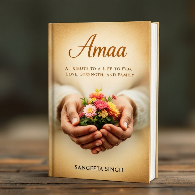 A grandmother’s weathered hands delicately cradling a small bouquet of vibrant blooming flowers, set against a soft pastel background that gently fades into golden hues. In the background, a faint, textured parchment effect adds a timeless, nostalgic feel. Subtle, semi-transparent silhouettes of children playing can be seen faintly in the corners, blending seamlessly into the warm palette to signify generations of familial love. The scene breathes intimacy and warmth.
