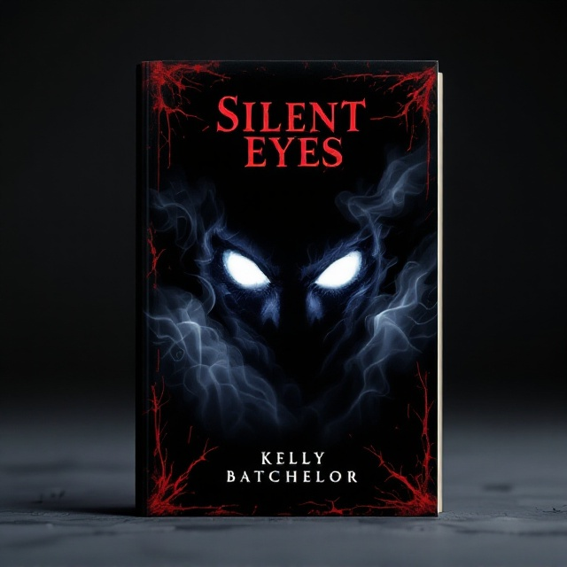 A pair of hollow, glowing white eyes emerge from the darkness at the center of the cover, surrounded by ghostly streaks of smoke or mist in eerie hues of gray and blood red. The background fades into pitch black, seamlessly evoking a sense of emptiness and dread. Shadowy claw marks subtly trace the corners of the design, adding texture and sinister undertones.