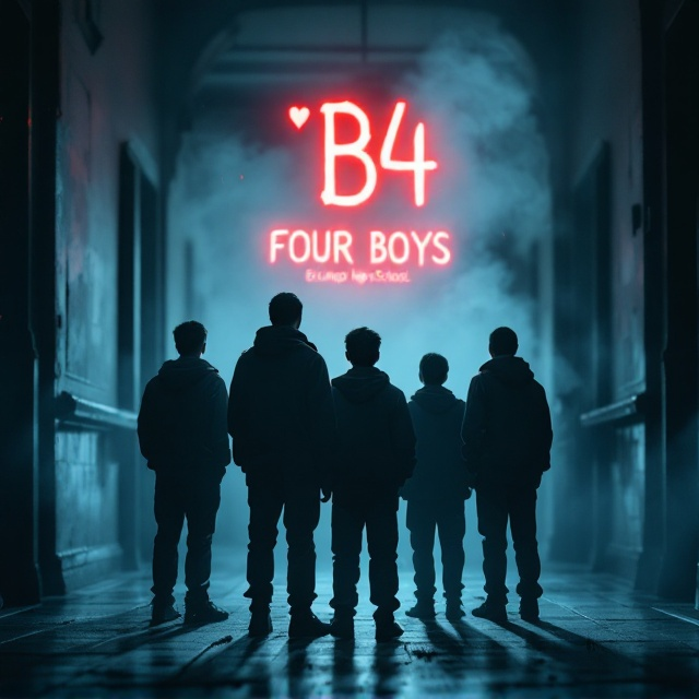 A shadowy depiction of four faceless boys in school uniforms, standing at the entrance of a dimly lit school hallway. The scene exudes an ominous glow, with a playing card (the Four of Hearts) subtly incorporated into the background, floating mid-air, glowing faintly red. The school's signage, “Erlangga High School,” appears blurred in the background. Smoke and dust particles add texture and movement to insinuate an ongoing mission.