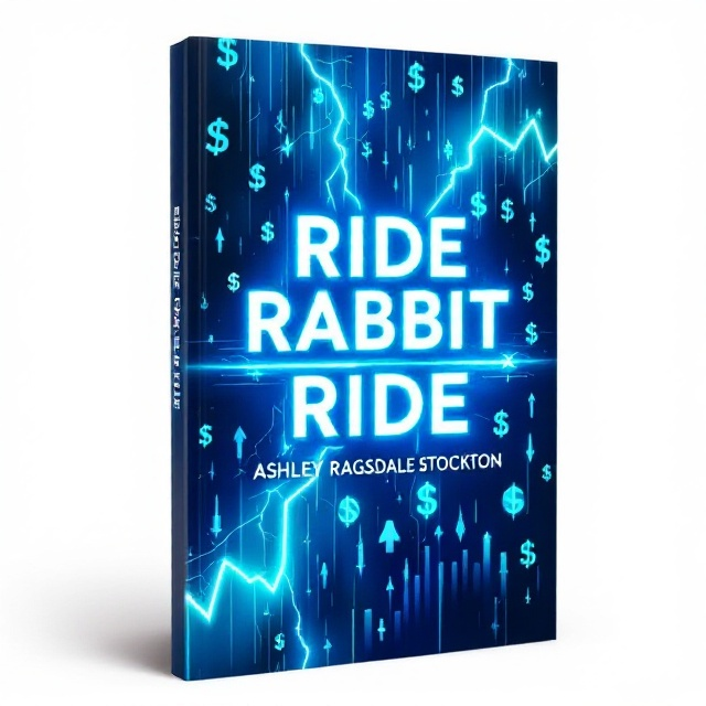 A dynamic, abstract cover featuring a vibrant blue gradient background with sharp lightning bolts slicing diagonally across the page. Overlapping dollar signs cascade in various sizes and opacities, mimicking a rainfall effect. A stock market ticker ribbon labeled "RIDE" runs horizontally near the center, illuminated with glowing edges. Subtle upward-trending stock market charts with arrows in neon blue and green fade into the background. The lightning bolts pulse outward from the center, leading the eye across the design.