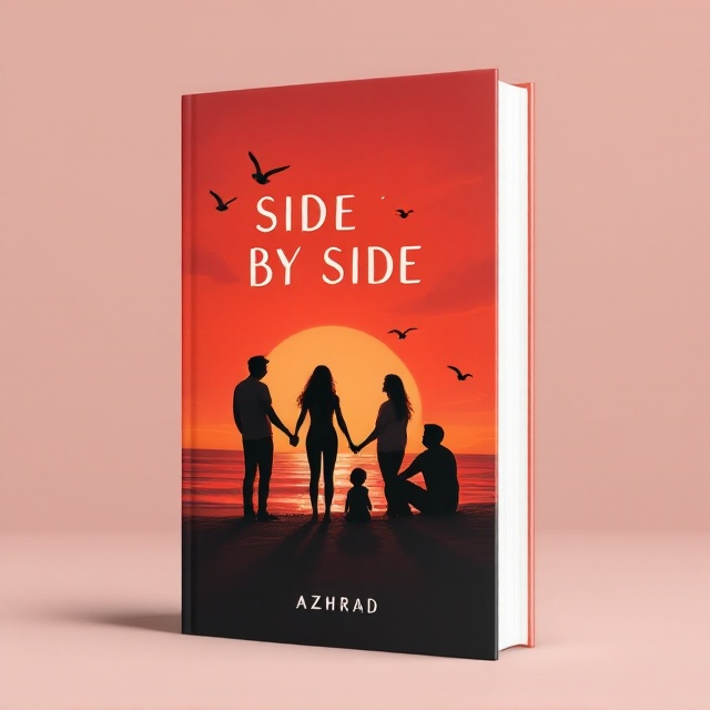 Four friends silhouetted against a red-orange sunset on a beach, their postures indicating camaraderie and a mix of emotions – one looking wistfully at the horizon, two holding hands, and another sitting on the sand apart. A soft gradient of warm hues (red, orange, and a touch of twilight purple) flows throughout the background, blending into the sunset and sky. Shadows of seagulls flying add a touch of subtle motion and depth.
