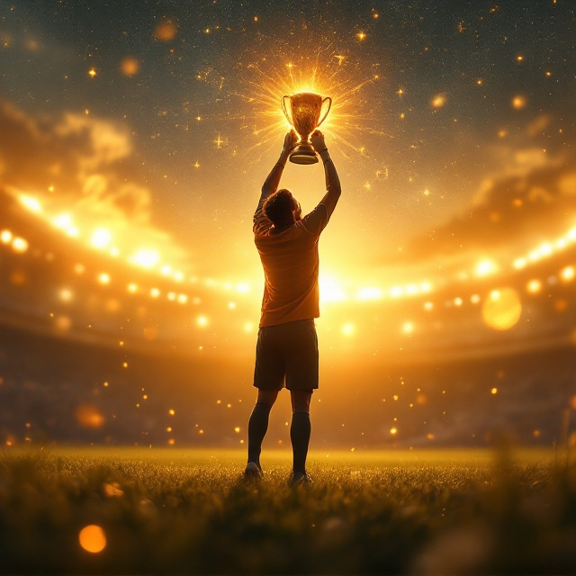 A dramatic scene showcasing a golden-hued soccer field at sunset, with a victorious coach lifting the goalkeeper high into the air. The goalkeeper holds a shining championship trophy that radiates soft, magical light, symbolic of triumph and hope. The background blends a fantastical starry sky where constellations subtly form the shapes of other team players. Ethereal sparkles and shimmering effects surround the scene, with vines of roses wrapping around the outer border to symbolize true love and the art of waiting.