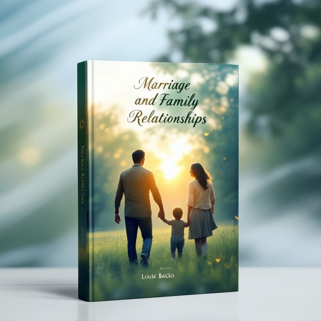 A serene scene showcasing a couple holding hands, walking in a lush green park during twilight, symbolizing romance and harmonious partnership. Behind them, slightly blurred, is a family of four (a couple with two children) holding hands and laughing, representing joyful family relationships. The background contains streaks of soft, painterly hues of blue and white, accentuating the calm and serene emotions. Subtle, abstract heart shapes and rings are incorporated as part of the transitions between foreground and background, symbolizing love and commitment.