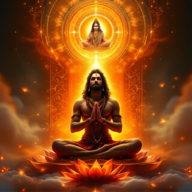 Lord Hanuman is depicted in a meditative posture at the center of the cover, seated on a lotus, with a mala (prayer beads) in his right hand. His form is illuminated with a warm aura of orange and red sindoor, glowing softly in contrast to a grand golden backdrop. In the top background, an ethereal image of Lord Ram is depicted within a radiant celestial halo, appearing as if in a divine dimension, surrounded by soft beams of golden light. The entire scene is layered with subtle textures resembling ancient Puranic scrolls and traditional Hindu motifs. Swirling clouds are faintly visible, fading gently into the orange and gold tones, enhancing the tranquil and sacred atmosphere.