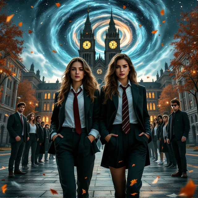 Samantha and Chantara dominate the foreground at the center, standing confidently. Samantha has her sleeves rolled up and a loosened tie, exuding a bold aura, while Chantara ties her blazer casually around her waist, her skirt styled with sporty accents. The duo has slightly forward-facing postures with intense, determined gazes. Behind them, their batchmates form a semicircle, their stances unified and resilient. To the left, Cose stands slightly detached by Samantha, hinting at inner conflict, while Carrel is closer yet hesitant. A group of ominous silhouettes looms in the distance, creating tension. The school courtyard stretches behind them, with the majestic clock tower framing the scene and the dramatic sky swirling in deep blues with hints of stars. Scattered leaves or papers move around, carried by an invisible wind, adding vibrance and action.