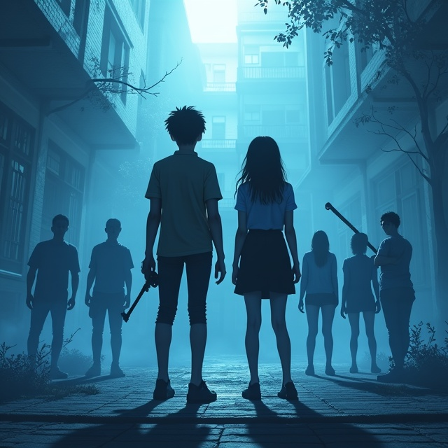 Samantha and Chantara stand at the center in dramatic action-ready poses, surrounded by subtle blue mist for an air of mystery. Sam, with rolled-up sleeves and loosened tie, grips a sharpened schoolyard tool as a weapon. Chan, standing slightly angled beside her with a blazer tied around her waist, leans forward with a bat-like weapon, giving a sense of preparedness. Their batchmates form a protective semicircle behind them, each holding improvised weapons that hint at a school setting. The left shows Cose slightly apart. His hesitant and conflicted stance is marked with an uneasy gaze towards the group. Carrel stands closer to the team, looking nervous but ready to act. Vague yet menacing silhouettes of the opposing group loom in the background within the school courtyard. Zombies with grotesque, decayed features are scattered at the edges, inching closer to the group. The grand clock tower rises behind, illuminated in silvery-white tones, while the night sky looms with swirling dark blue clouds and faint sparkling stars. Leaves and scattered papers whirl about in an unseen gust, providing movement to the scene.