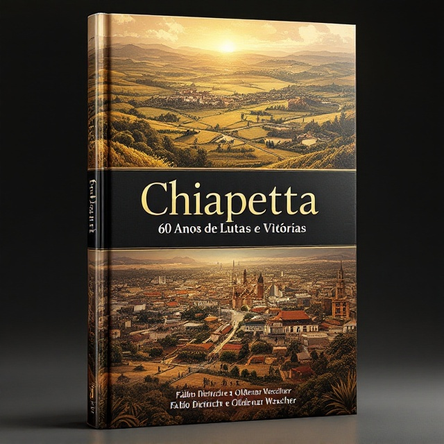 A stunning combination of realism and historical elements, featuring a split horizontal layout. The top of the cover showcases a golden-hued illustration of the Chiapetta countryside during the colonization era, complete with rolling fields, a historic fazenda (estate), and settlers depicted in fine detail. The bottom half transitions into a modern skyline with symbolic elements of a contemporary town (roads, structures, and community icons), seamlessly blending past and present. A subtle sheen of chrome overlays the background, giving depth and texture.