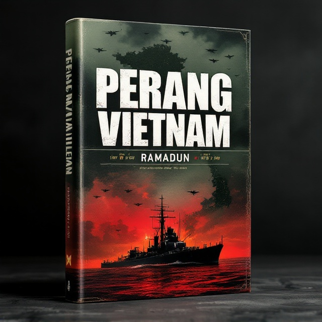 A vintage warship silhouette emerges from the bottom of the cover, half-blended into a red-and-black gradient. A faint outline of Vietnam's map subtly overlays the background, designed with faded green military tones and a timeline marking key years of the conflict. At the top, war aircraft scatter subtly, blending into the smoky black portions of the upper design, creating a layered sense of depth.