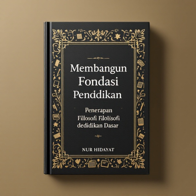 The cover features a minimalistic design layered over a sleek dark beige background. At the center, a delicate Java batik pattern in gold forms the frame for the book's title and invokes cultural richness. The title is prominently displayed in the upper middle part, while subtle hand-drawn icons of books, pens, and chalkboards are scattered faintly on the background to symbolize the theme of education. The golden hue from the batik contrasts elegantly with the beige foundation.