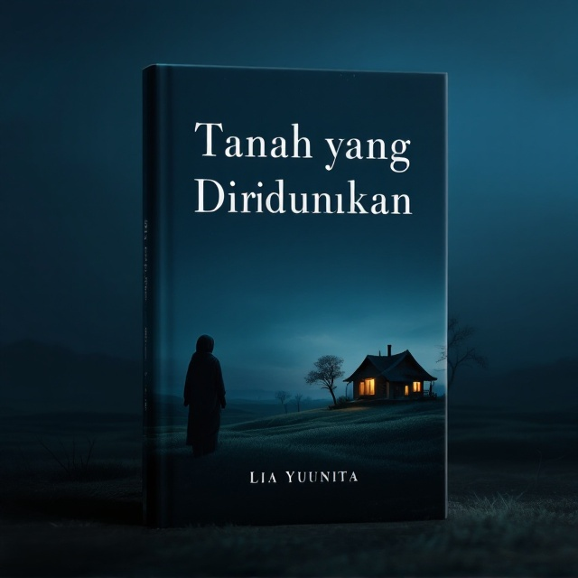 A dimly lit, vast expanse of land under a twilight-blue sky occupies the background. A lone hijab-wearing woman is silhouetted, standing on a gentle hill looking towards a small, traditional wooden house surrounded by sparse trees in the distance. The house has a faint glow emanating from its windows, symbolizing longing and warmth. The trees sway gently in the wind, giving a haunting yet serene tone. The woman’s figure is intentionally left small, emphasizing her isolation and the vastness of the land.