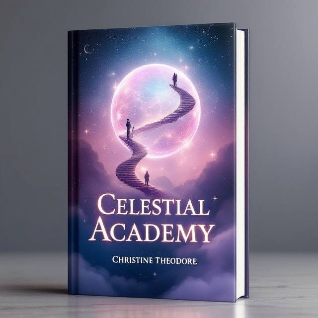 The cover showcases an ethereal glowing celestial orb, resembling a planet or a mystical sphere, suspended in a cloudy astral sky. The background gradient seamlessly blends shades of pink, blue, purple, and black to evoke a magical and otherworldly atmosphere. Silhouettes of floating staircases ascend into the orb, surrounded by constellations and scattered stardust. At the bottom is a hint of a grand academy structure, with gothic yet magical architectural undertones, emerging from soft mist. Subtle, twinkling stars across the canvas add depth and intrigue.