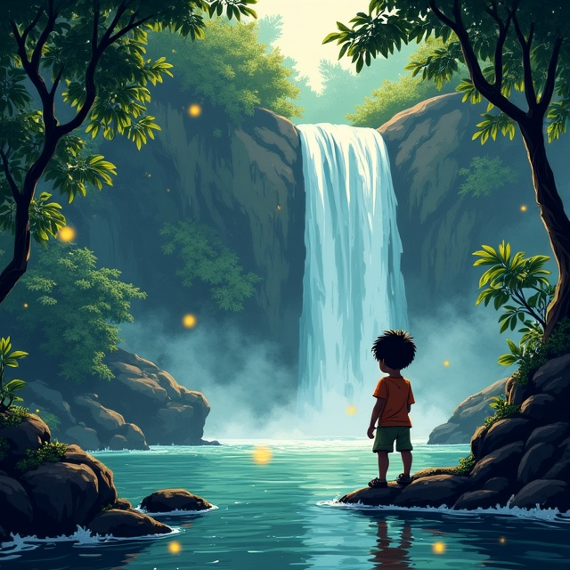 The cover features a striking scene of a lush forest with a majestic waterfall cascading in the background. Standing at the edge of the waterfall is a brave little Indian boy, slightly crouched, peering into the shimmering water below. The water reflects not his image but the haunting, eerie silhouette of a serpent-like lake monster, “Tessie,” with its glowing yellow eyes and glistening scales. The background includes trees and vines, with fireflies glowing faintly to add a magical atmosphere. The color palette is vibrant but leans towards deep greens, blues, and silvers to evoke nature and mystery.