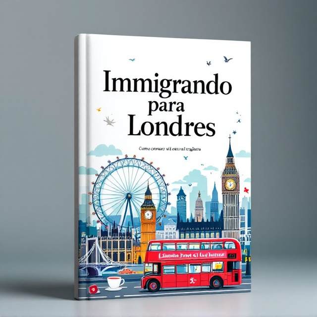 The cover features an artistic blend of the London skyline, highlighting iconic landmarks such as the Big Ben, the London Eye, and the Tower Bridge. A red double-decker bus is prominently featured in the lower third of the cover, giving a sense of liveliness. A soft gradient sky in shades of blue and white envelops the background, symbolizing new beginnings. The title is set prominently across the middle with a clean, modern look, while subtle cultural icons like a tea cup and a passport are placed at the corners for thematic detail.