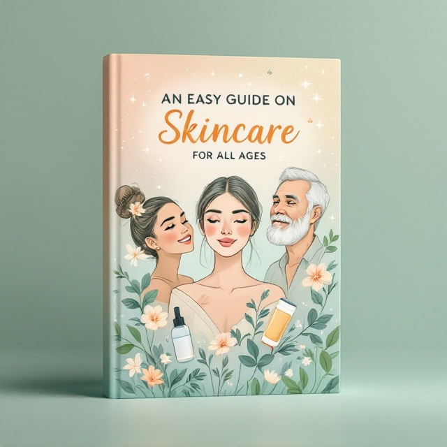The cover features a soft gradient background transitioning from a warm peach hue at the top to a mint green palette at the bottom. Delicate sketched floral patterns are subtly overlaid across the gradient, along with faint water droplets for a refreshing, natural effect. At the center, an illustration depicts three individuals of diverse ethnicities and ages (a youthful teen, a middle-aged adult, and an older individual) with radiant, glowing skin. These figures are outlined softly, glowing subtly, and encircled by floating skincare products, such as a serum bottle, a moisturizer container, and a sunscreen tube. Green leaves and flower blossom accents float among the products, creating a light, airy feel. Subtle sparkles create a radiant effect around the title.