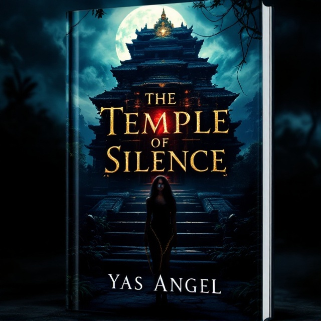 A majestic, mysterious temple emerges under the moonlight, surrounded by a dense jungle with overhanging vines. At the foreground, a beautiful young woman is depicted in shadows, bound in golden chains, her eyes expressing a blend of defiance and despair. A faint red glow emits from the temple's entrance, hinting at an ominous force within. The sky is swirling with eerie storm clouds.