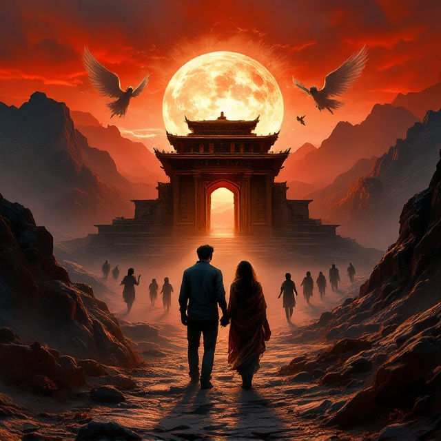 A secret temple emerges majestically from the rugged Afghan mountains, silhouetted against a blood-red sunset. In the foreground, a young couple in tattered clothing, symbolizing love amidst chaos, hold hands as they face the temple, their backs to the viewer. Surrounding them are faint ghostly apparitions of children caught in war—some running, others dancing, and one playing a flute, almost ethereal. On the left, shadows of chained young girls evoke a haunting yet artistic focal point. Hovering in the background above the temple are faint, otherworldly figures of angels and demons, their wings subtly brushed into the fiery sky.