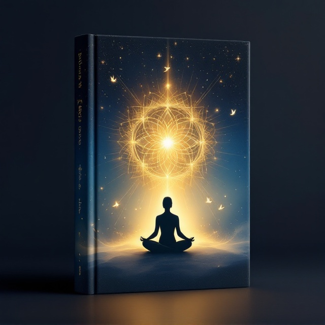 The background features a serene, starry night sky gradient transitioning from deep indigos to soft, celestial blues. In the center, a luminous, golden mandala radiates energy, symbolizing balance and wisdom. Faint golden light rays extend outward from the mandala, representing divine connection. Beneath the mandala sits a calm, translucent silhouette of a meditating figure surrounded by a gentle, swirling mist. Dotted around the cover are faintly glowing symbols of peace and harmony, such as doves and olive branches, blending seamlessly with the background.