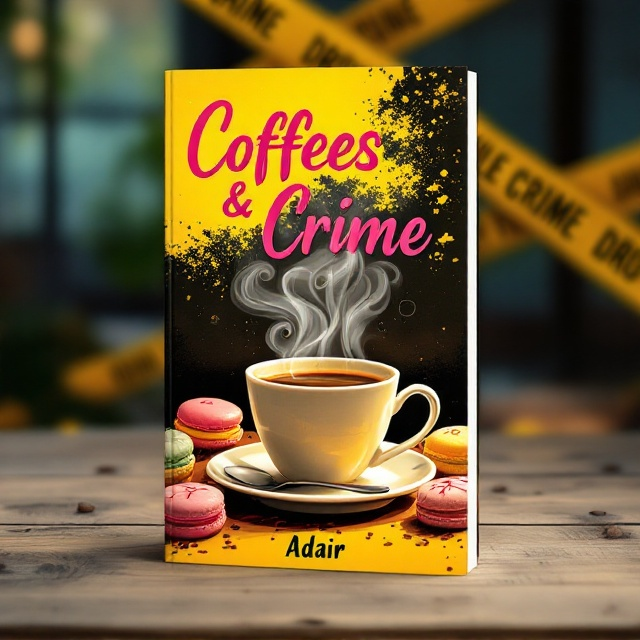 A steaming cup of coffee sits at the center of the cover, with faint swirls of steam forming the silhouette of a knife and a magnifying glass in the background. Surrounding the coffee are neatly arranged, vibrant desserts, like pastel-colored macarons and cupcakes, with subtle cracks in the icing that resemble crime scene clues. In the shadows of the background is a blurred, ominous image of crime tape running diagonally across the cover. The overall color scheme is yellow and pink, with pops of brown for the coffee and shadows for added contrast.
