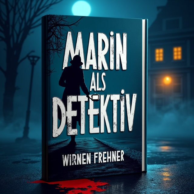 A shadowy figure of Marin, wearing a detective-style trench coat and holding a magnifying glass, runs across a dimly lit street under eerie moonlight. Off in the distance, there is an isolated house with its windows faintly glowing, creating suspense by suggesting intrigue and danger. A subtle blood-red smear appears in the form of devious claw marks on the bottom corner, hinting at the murder mystery. The background features dark blue tones with mist drifting in the foreground to establish the thriller atmosphere.
