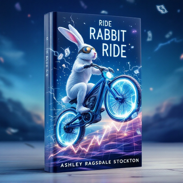A vibrant and surreal scene featuring a sleek white rabbit wearing aviator goggles, dynamically riding a glossy, tricked-out blue bike. The bike ascends a glowing 3D stock market chart that's tilting upwards toward the top right corner of the cover. The rabbit, mid-motion, is surrounded by swirling confetti-like lightning bolts and floating, shining dollar bill signs. The background shows a twilight sky gradient from deep blue to lighter tones, with faint swirling clouds to hint at the mystical.