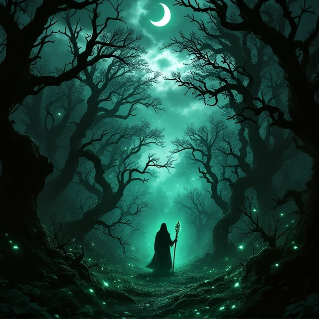 A dense, dark forest takes center stage, with twisted, ancient trees shrouded by an eerie green mist. A faint silhouette of an ominous, hooded figure lurks in the foreground, clutching an intricately carved staff that glows faintly green. Above, a crescent moon hangs low, dimmed by undefined stormy clouds. Ethereal, green-lit runes float subtly in the mist, giving the cover a magical, foreboding atmosphere.