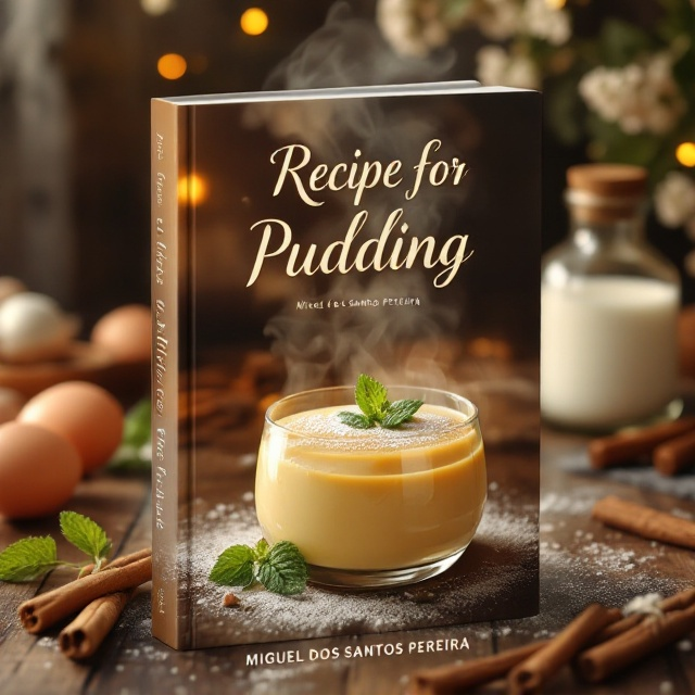 A cozy, warm-toned image of a creamy pudding in a glass ramekin garnished with mint leaves and sprinkled with powdered sugar. Steam rising faintly from the pudding gives it an inviting appeal. The backdrop is a rustic wooden table with scattered ingredients like eggs, milk, and cinnamon sticks in a soft focus. A subtle golden glow shrouds the scene, invoking a sense of homemade warmth and wonder.
