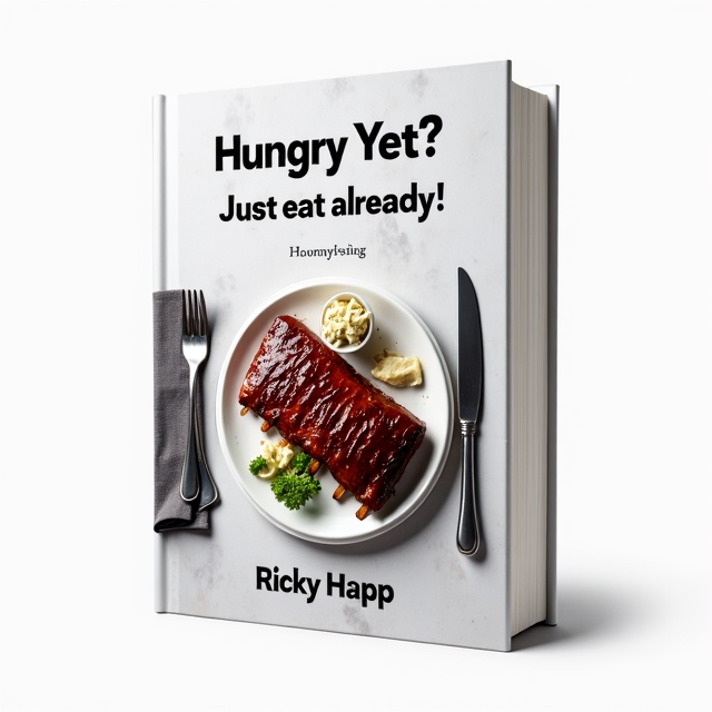 A clean, white background serves as the primary canvas. At the center, there’s a neatly arranged plate of glazed ribs with a side of cole slaw, garnished and visually appetizing. To the left of the plate, a folded napkin, and to the right, a polished fork and knife lined up symmetrically. Subtle shadows beneath the plate anchor the imagery, giving it a slight 3D effect. The food looks realistic and tantalizing but not overly styled, maintaining a natural feel. The title "Hungry Yet? Just eat already!" is prominently displayed above the image, while the author's name, "Ricky Happ," is featured in smaller text at the bottom.
