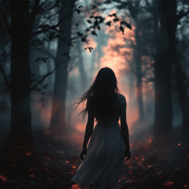 A dimly lit, eerie forest at dusk serves as the background. A girl with her back turned to the viewer is central to the design. She is wearing a simple, pale dress that almost blends into the haunting peach hues of the mist surrounding her. Her long hair flows outward, giving a sense of movement, with her silhouette slightly blurred. In the corner, faded, chilling whispers of a shadowed figure can be seen, just subtle enough to make the observer uneasy. A soft yet foreboding peachy light shines through the trees, creating an unsettling atmosphere.