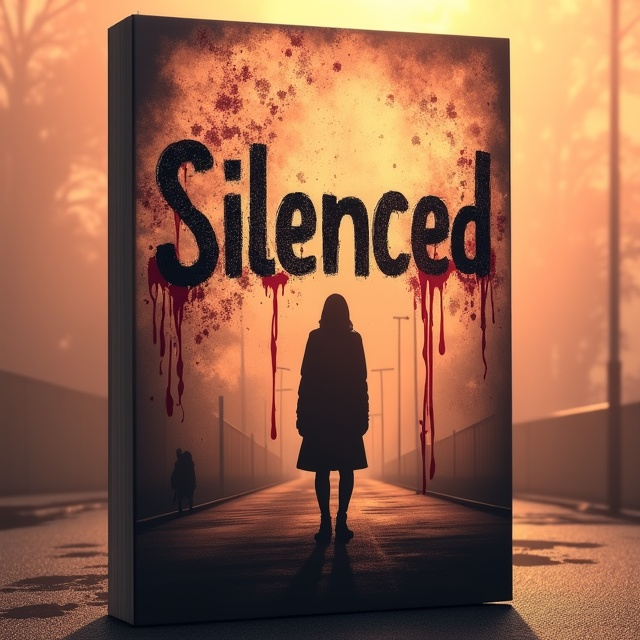 A lone, shadowy figure stands in the distance of an empty, foggy street. The surroundings fade into an ominous blur, while faint streaks of blood are smeared across the peach-toned background. A shattered, ghostly reflection of the title "Silenced" appears as though etched into glass, splitting apart slightly to amplify the suspenseful tone.
